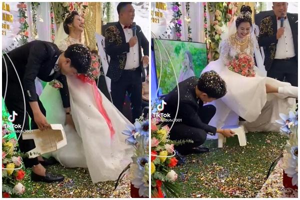 Chú rể lấy ghế cho vợ, cô dâu vừa vén váy đám cưới cười muốn ngã-1