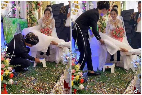 Chú rể lấy ghế cho vợ, cô dâu vừa vén váy đám cưới cười muốn ngã-2