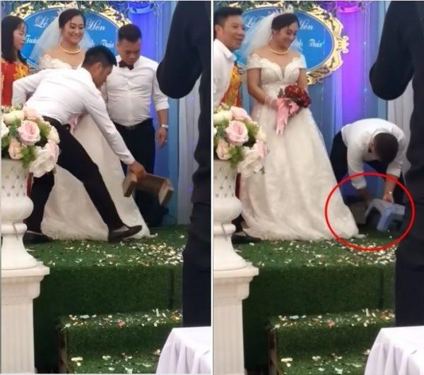 Chú rể lấy ghế cho vợ, cô dâu vừa vén váy đám cưới cười muốn ngã-5