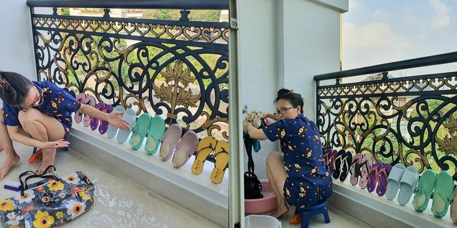 Cẩm Ly tất bật dọn dẹp nhà cửa, rửa dép guốc.