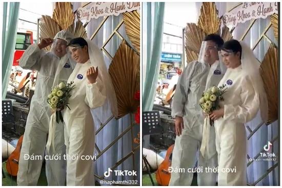 Đám cưới mùa Covid, cô dâu chú rể mặc 'full' áo giáp bảo hộ