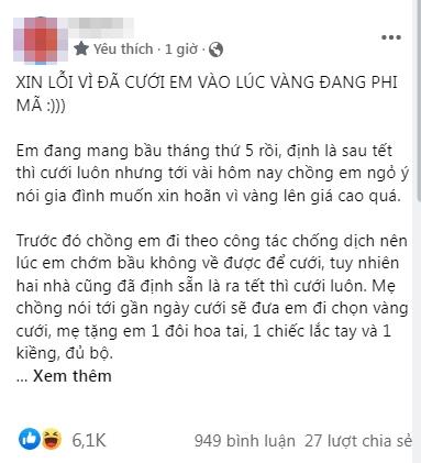 Nhà trai đòi hoãn cưới vì vàng tăng phi mã, chốt 2 phương án đến lạ!-1