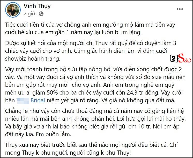 NTK Vĩnh Thụy tố sao nam Vbiz quỵt tiền mua váy cưới cho vợ-2