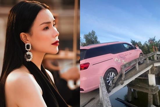 Xế hộp Trà Ngọc Hằng kẹt trên cầu hẹp, nguy cơ 'bay sông'