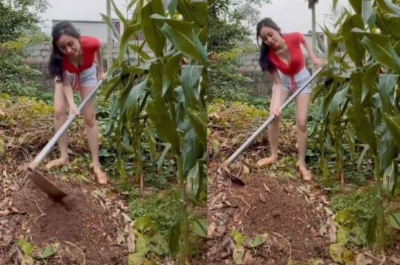 Bà Tưng diện áo xẻ táo bạo đi cuốc đất, dân tình lo lộ hàng-2