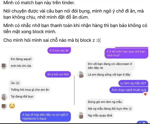 Nam thanh niên bóc phốt gái Tinder đói bụng gạ mua đồ ăn bất thành-1