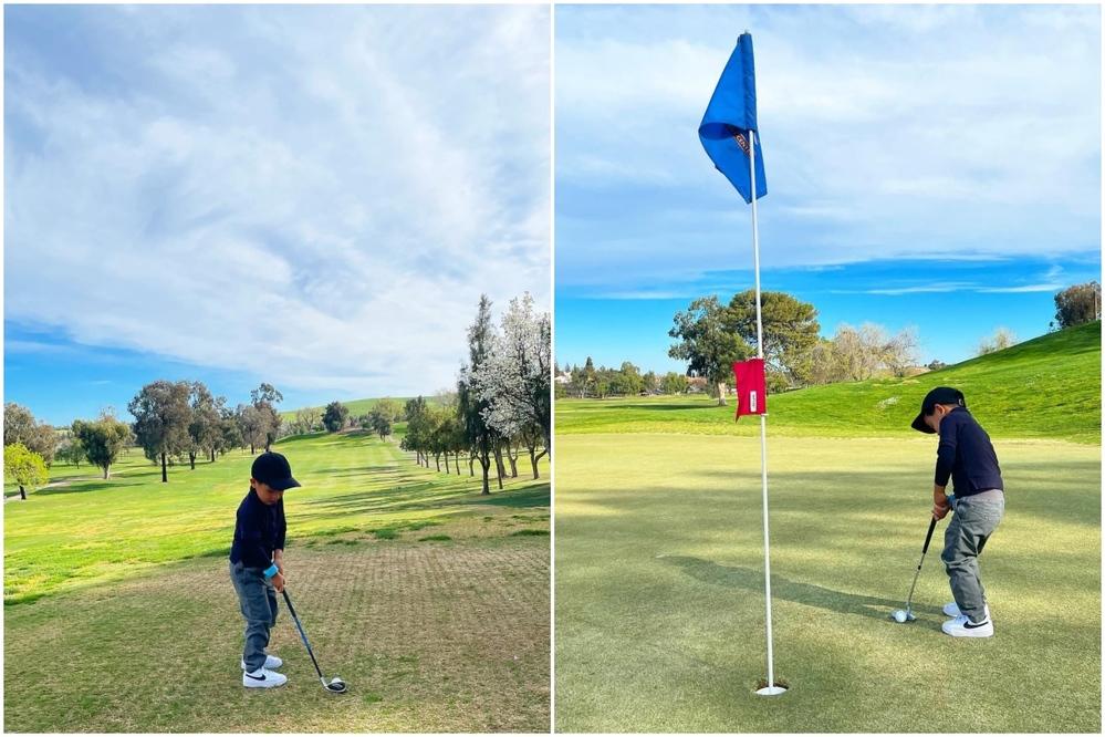 Rich kid nhà Phạm Hương, Cường Đô La đánh golf như người lớn-4