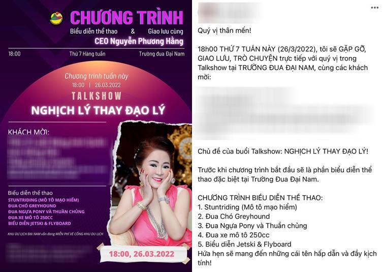 Trước khi bị bắt, bà Nguyễn Phương Hằng vẫn thông báo talkshow-2