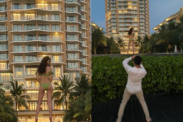 The husband twisted his back to take pictures for Miss Duong Thuy Linh