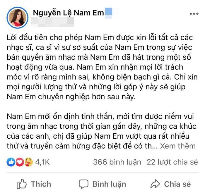 Sự việc trên làm thổi bùng làn sóng chỉ trích Nam Em trên nhiều diễn đàn MXH. Không để mọi việc đi quá xa, trưa cùng ngày, Nam Em đã chính thức lên tiếng xin lỗi và nhận trách nhiệm về phía bản thân.