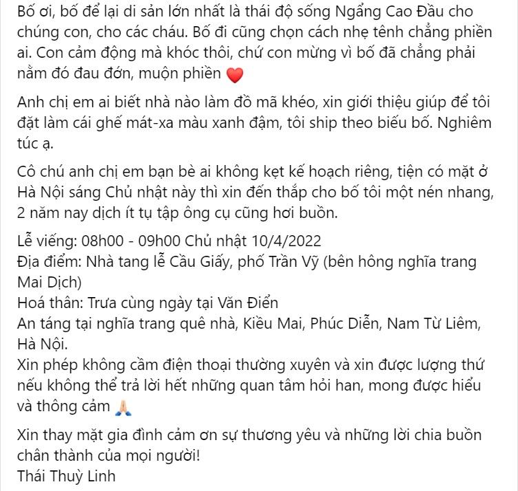 Thái Thùy Linh báo tin bố đẻ qua đời, nói về di sản lớn nhất để lại-3