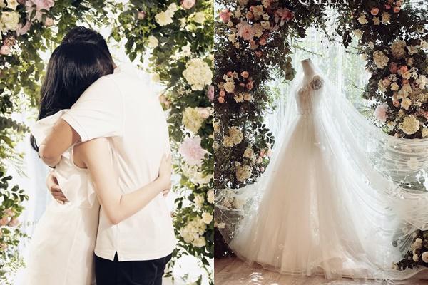 Close-up of the wedding dress that Nguyen Thanh Chung’s girlfriend wore at the wedding