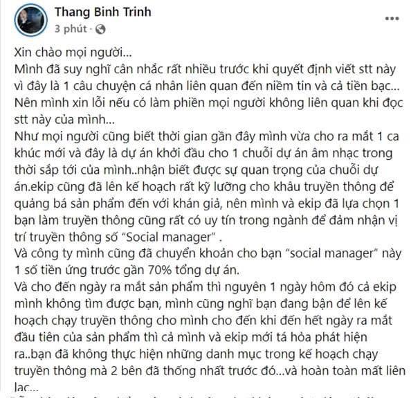 Trịnh Thăng Bình bóc phốt người trong ekip lừa ôm tiền bỏ chạy-1