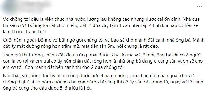 Bố mẹ vợ hứa cho mảnh đất 3 tỷ mà nuốt lời, chồng tức bỏ luôn vợ-1