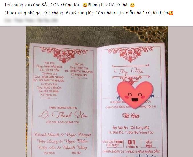 Xôn xao thiệp mời cưới ở Vũng Tàu có tên 3 cô dâu - 3 chú rể-1