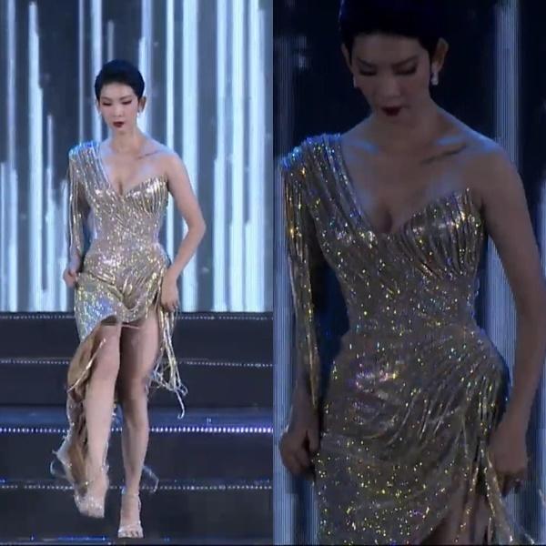 Xuân Lan catwalk trông rõ tội chỉ vì cái đầm quặp chân-1