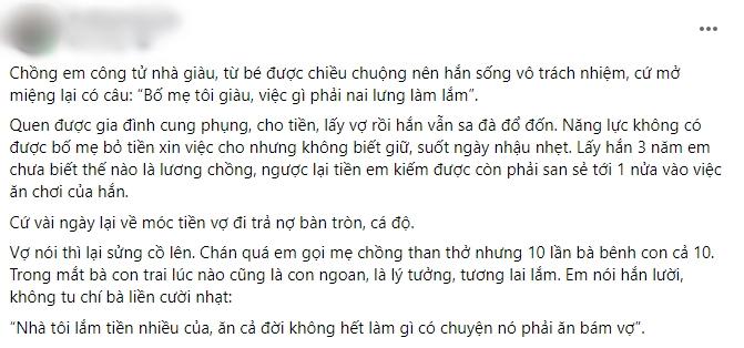 Chồng ăn bám mẹ vẫn bênh, con vỡ nợ mới gọi cho dâu than khóc-1