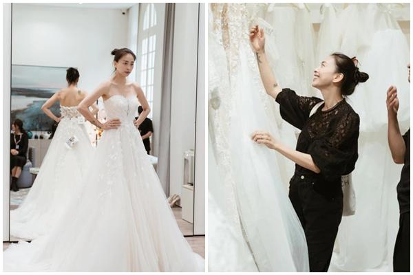 Ngo Thanh Van tries on a wedding dress in Hanoi