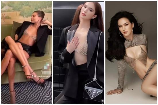 Diện nội y lưới: Ngọc Trinh lộ dán ngực - Hailey Bieber cực sang