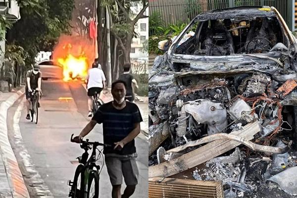Mercedes car crashed into a tree and caught fire by the West Lake