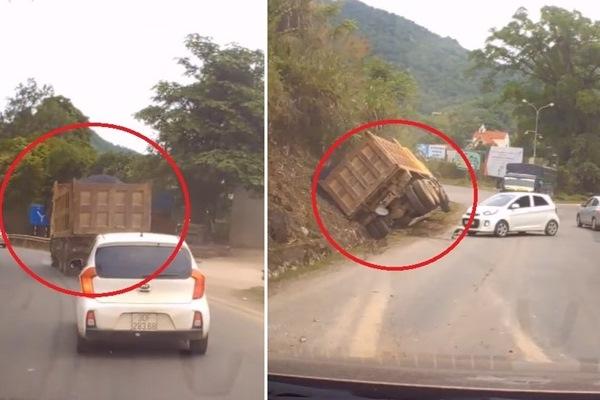 The truck lost control, crashed into 3 cars in a row, crashed into a cliff and overturned