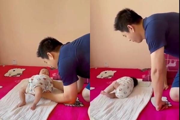 A young father lulls his baby to sleep making netizens laugh