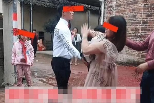 Drunk girl hugs the groom in the middle of the wedding, the bride slaps her hard