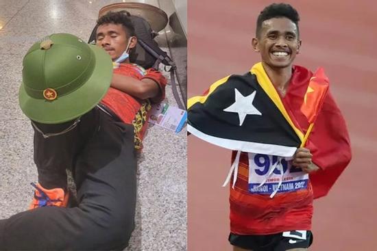 VĐV Sea Games ôm chặt mũ cối gắn cờ đỏ sao vàng dù ngủ gục