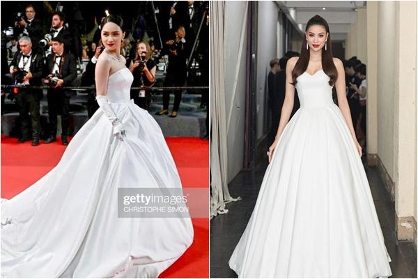 Wearing a dress like a bride in Cannes, Huong Giang is compared to Pham Huong