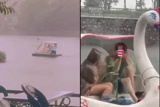 Rủ nhau đạp vịt giữa mưa bão, cặp uyên ương bất lực không thể về bờ