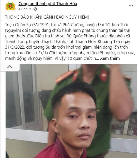 Triệu Quân Sự tiếp tục trốn trại, công an cảnh báo nguy hiểm-1