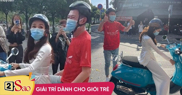 Thuy Tien wears ao dai, rides a motorbike with the president of Miss Grand