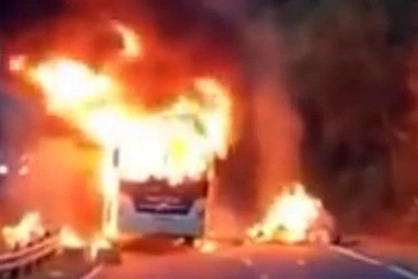 The bus caught fire while carrying more than 40 people down the pass