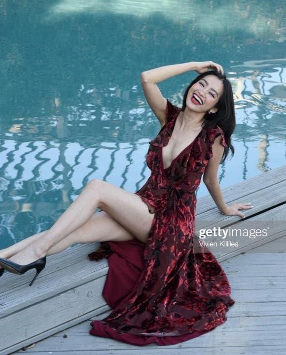 Truc Diem again wore a wrinkled dress to attend the pre-Emmy-7 party