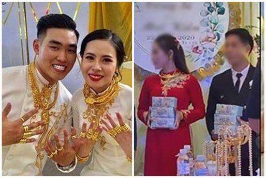 Chú rể hăm hở kéo cuộn tiền làm của hồi môn trong đám cưới