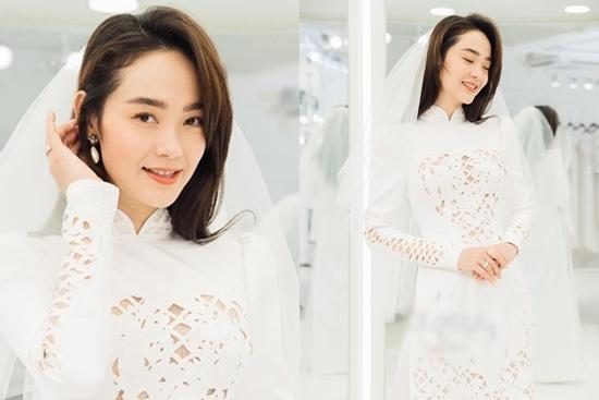 Cận cảnh Minh Hằng thử áo dài cưới, mặt mộc đẹp miễn chê