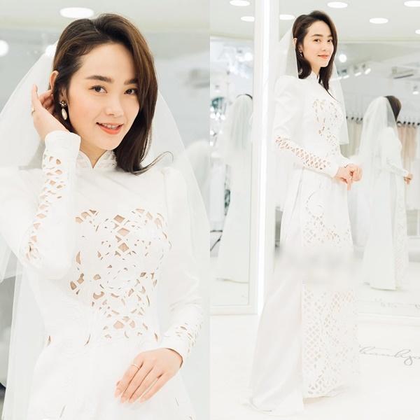 Cận cảnh Minh Hằng thử áo dài cưới, mặt mộc đẹp miễn chê-2