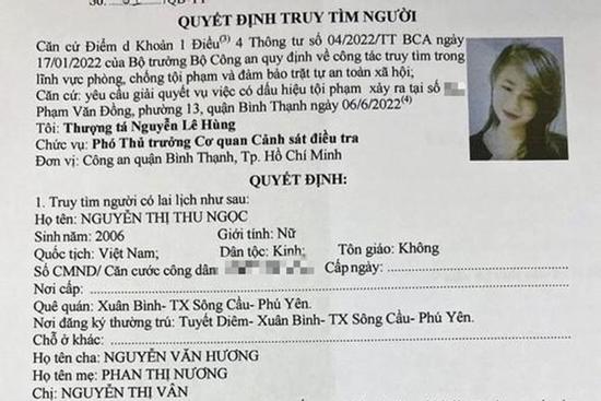 Ra quyết định truy tìm thiếu nữ 16 tuổi mất tích khi vào TP HCM xin việc