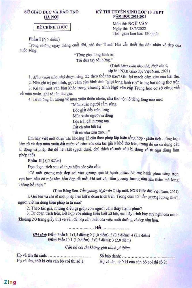 Đề thi và gợi ý đáp án môn Ngữ văn vào lớp 10 ở Hà Nội-1