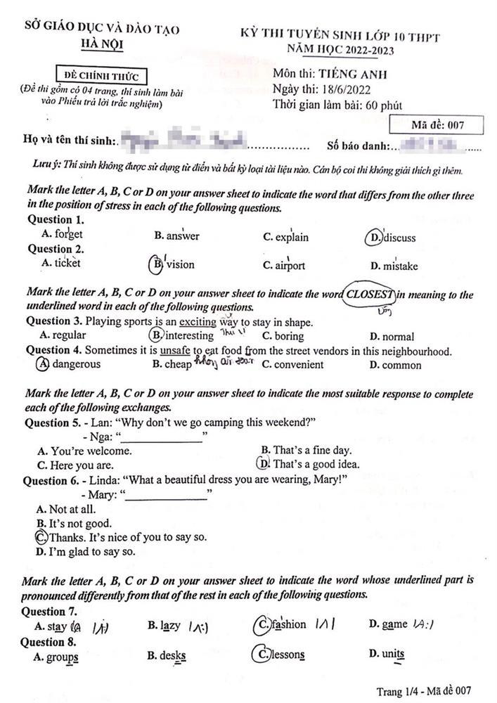 Đề thi và gợi ý đáp án môn Tiếng Anh vào lớp 10 ở Hà Nội-2