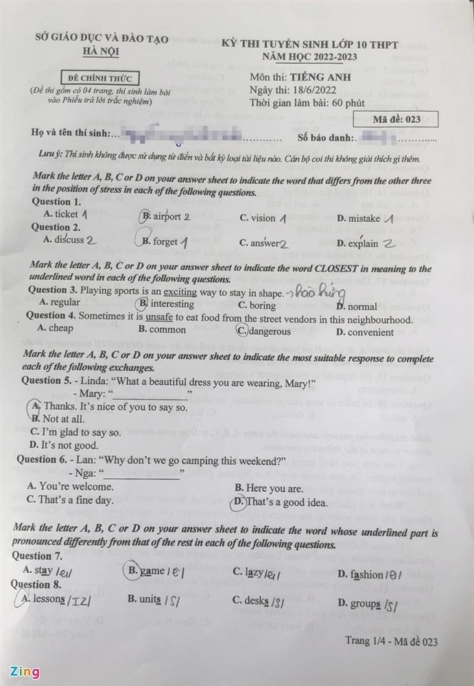 Đề thi và gợi ý đáp án môn Tiếng Anh vào lớp 10 ở Hà Nội-6