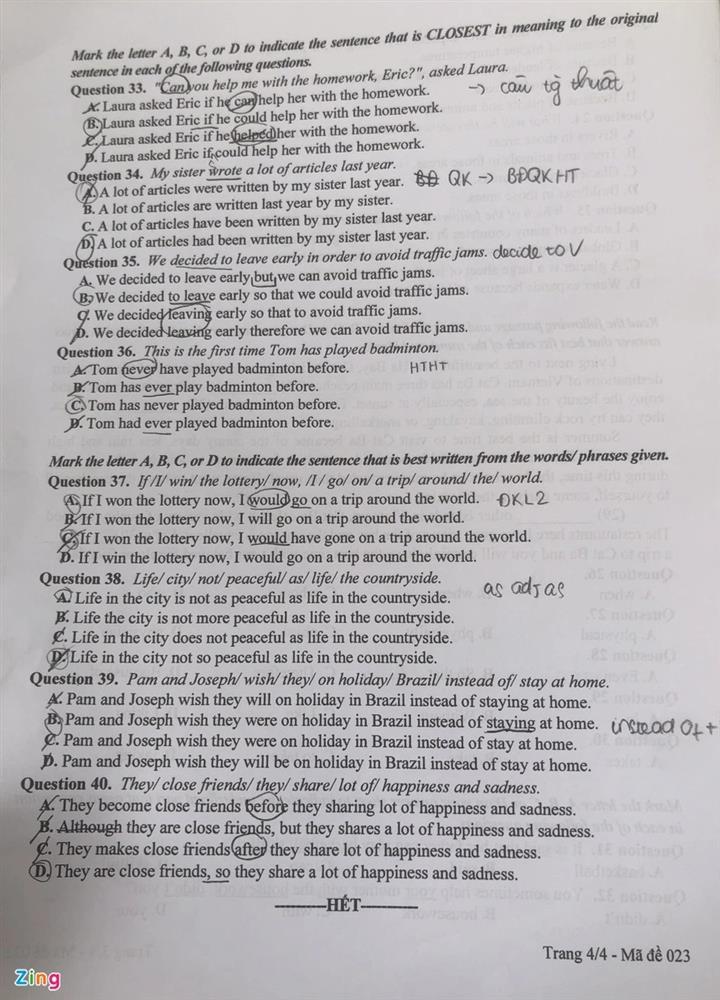 Đề thi và gợi ý đáp án môn Tiếng Anh vào lớp 10 ở Hà Nội-9
