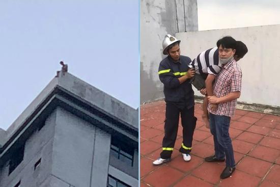 Nghẹt thở giải cứu người đàn ông đứng lan can chung cư la hét