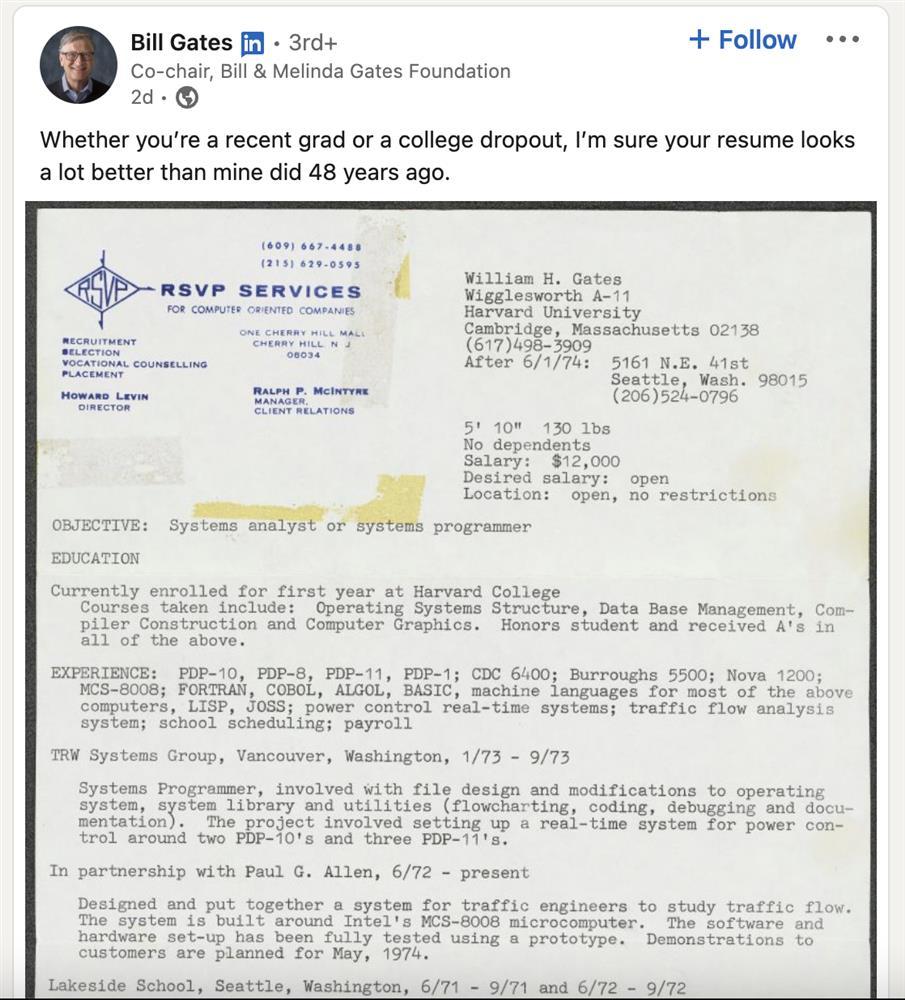 Bill Gates khoe CV năm 18 tuổi: Mới vào đại học kiếm được tiền tỷ-1