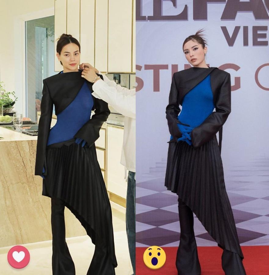 Outfit với thiết kế lạ mắt này từng được Hồ Ngọc Hà diện trước đó nhưng quả thật vòng 1 tự nhiên của Hà Hồ khó mà đọ nổi bộ ngực đã trùng tu của đàn em.