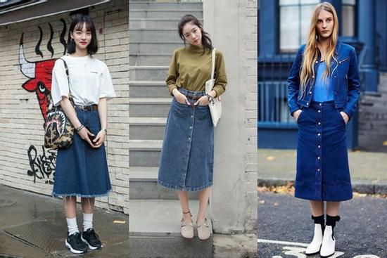 8 cách mix đồ hack tuổi với chân váy denim dài