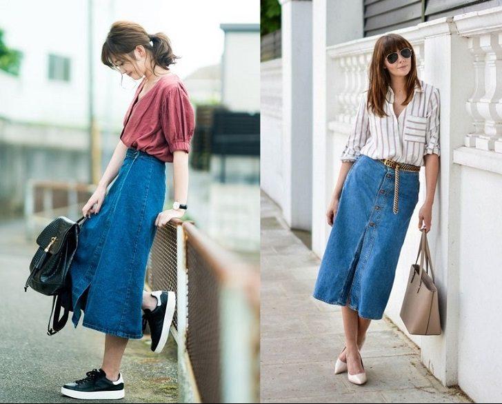 8 cách mix đồ hack tuổi với chân váy denim dài-2