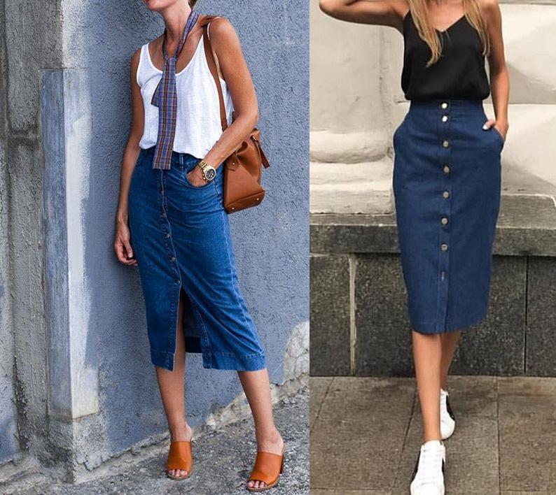 8 cách mix đồ hack tuổi với chân váy denim dài-6