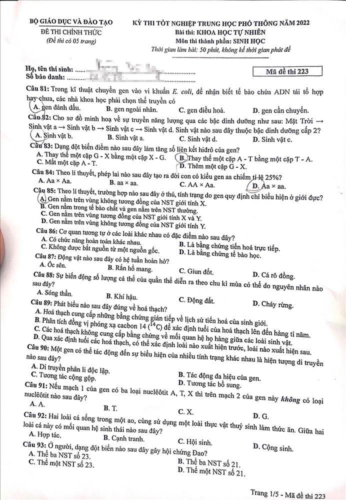 Thi tốt nghiệp THPT 2022: Đề thi và gợi ý đáp án môn Lý, Hóa, Sinh-12