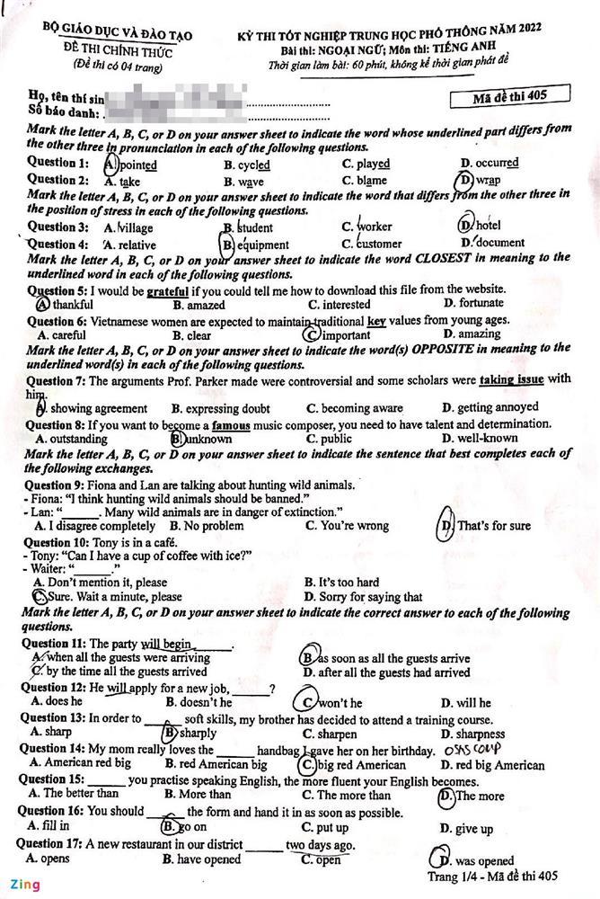 Đề thi và gợi ý giải đề tiếng Anh kỳ thi tốt nghiệp THPT 2022-2